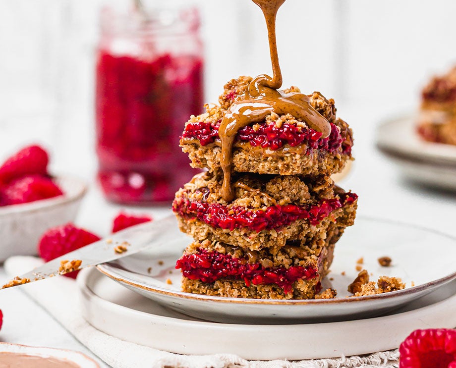 almond butter goldenberry and raspberry crumble bars