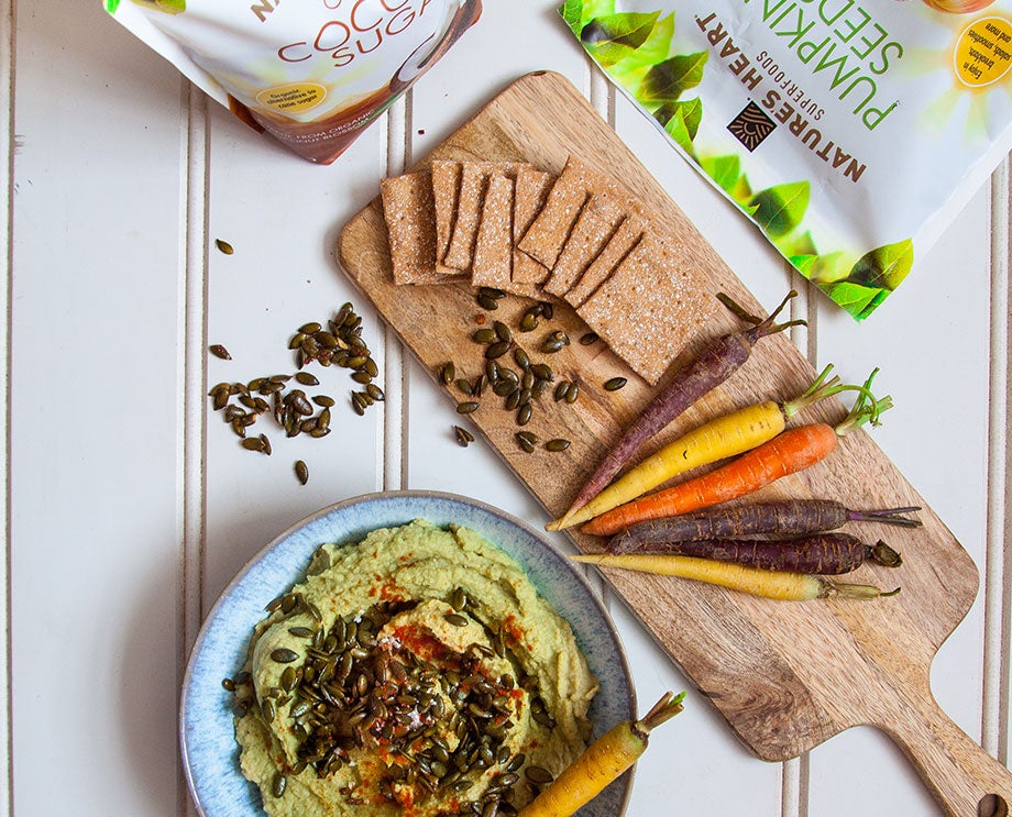 edamame and miso hummus with smoky pepitas