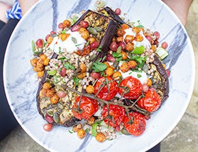 zhoug roasted aubergines with crunchy chickpeas and goldenberry pumpkin seed buckwheat salad