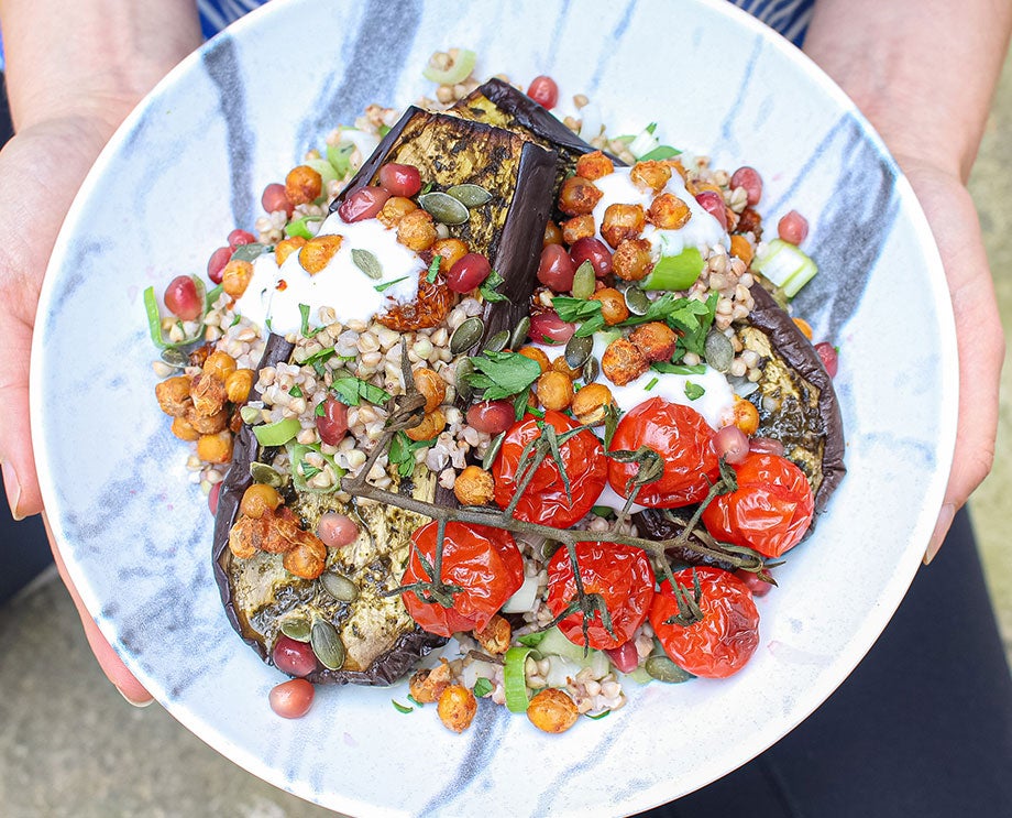 zhoug roasted aubergines with crunchy chickpeas and goldenberry pumpkin seed buckwheat salad