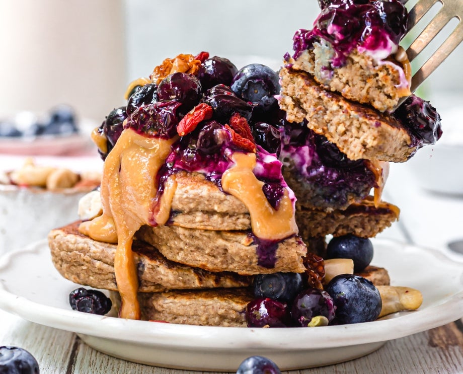 Stack of fluffy blueberry pancakes