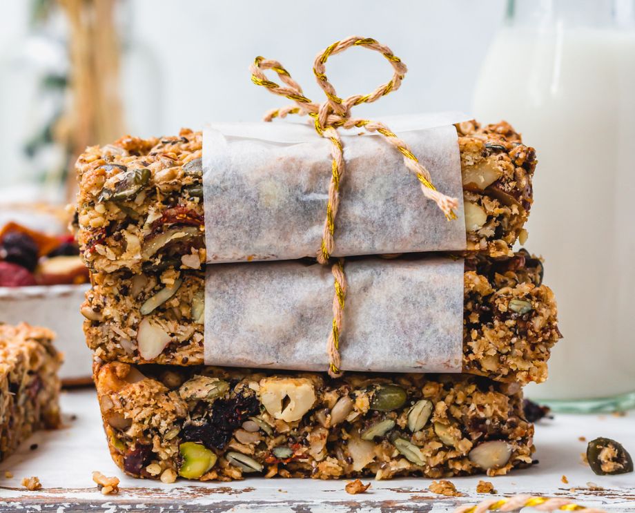 A stack of super seed and fruit granola bars by Nature's Heart