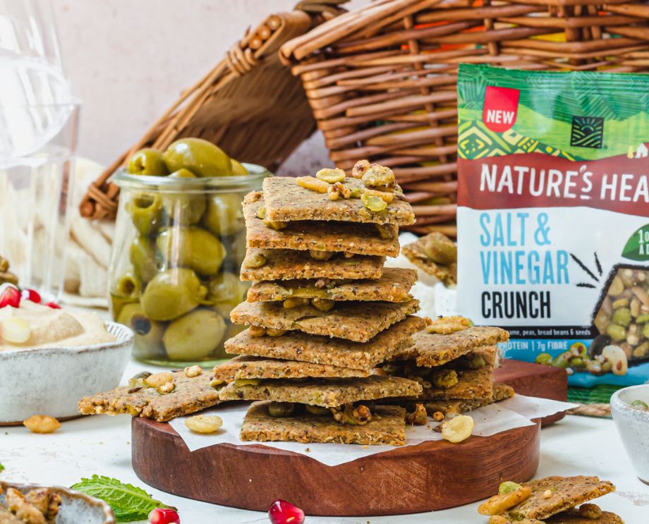 A stack of crackers made using Nature's Heart salt & vinegar crunch