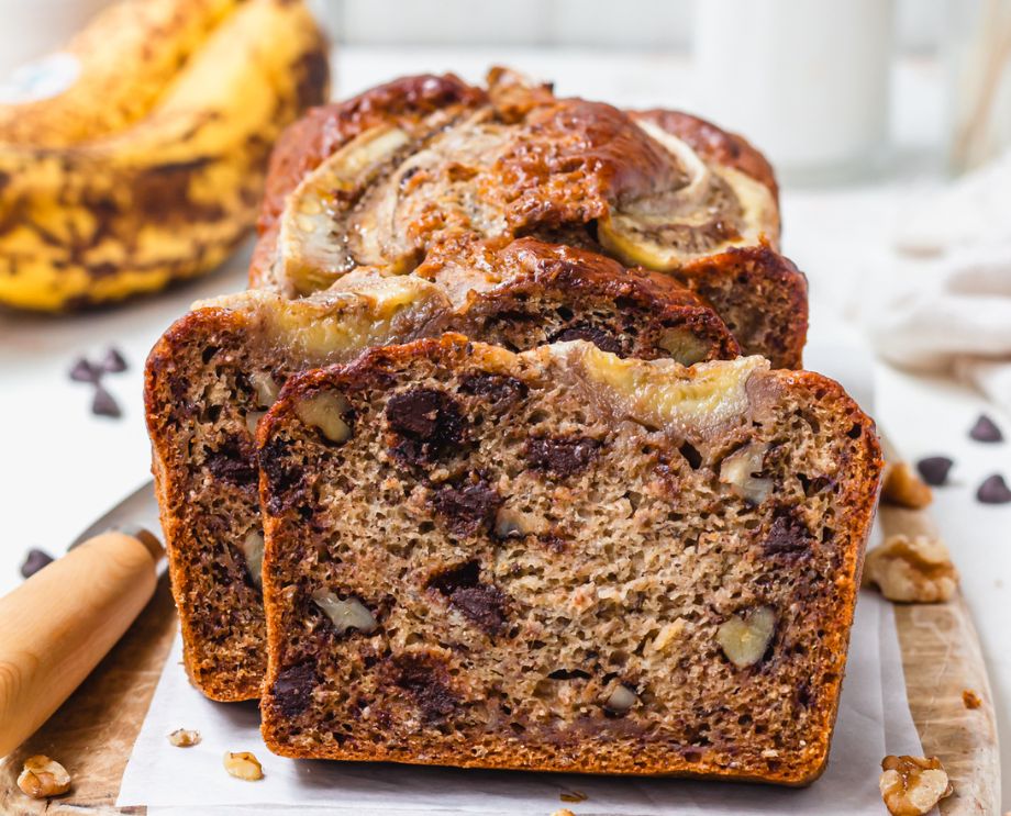 Sliced choc chip banana bread, made with Nature's Heart chia seeds