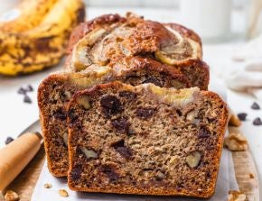 Sliced Chocolate Chip Banana Bread made with Nature's Heart Chia Seeds